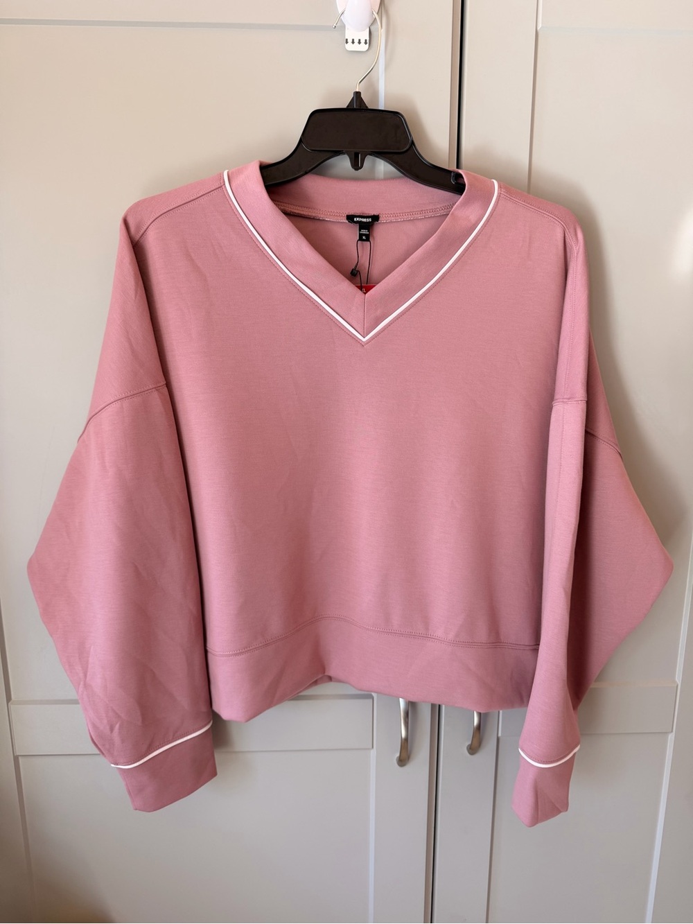 Express V-Neck Pullover Pink White Piping Sweatshirt NWT XL